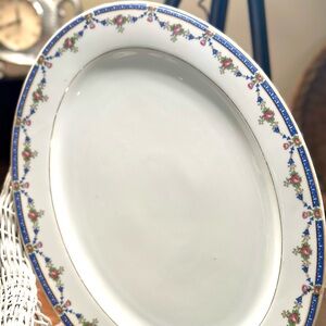 Bavarian Blue & Pink Cabbage Rose Garland Porcelain Platter